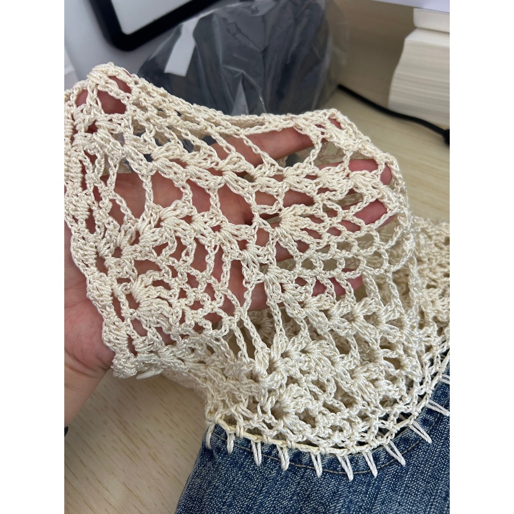 Crest Jeans Top L Blue Crochet Sleeve Denim V-Neck Boho Y2K Western Festival - Picture 6 of 11